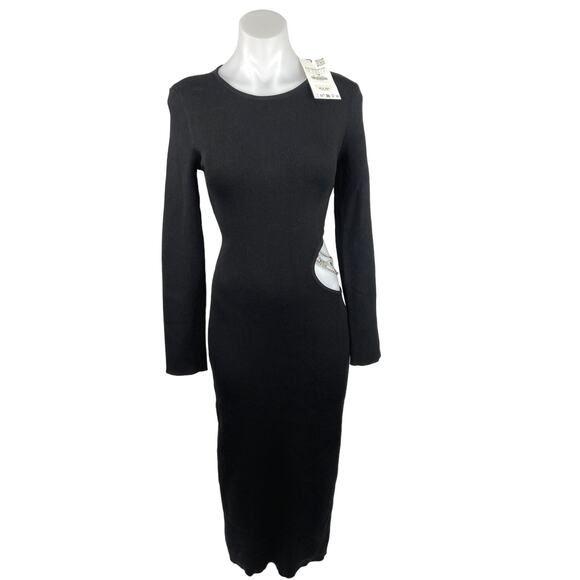 NEW Zara Black Cutout Waist Gold Chain Long Sleeve Midi Sweater Bodycon Dress L - Picture 4 of 9